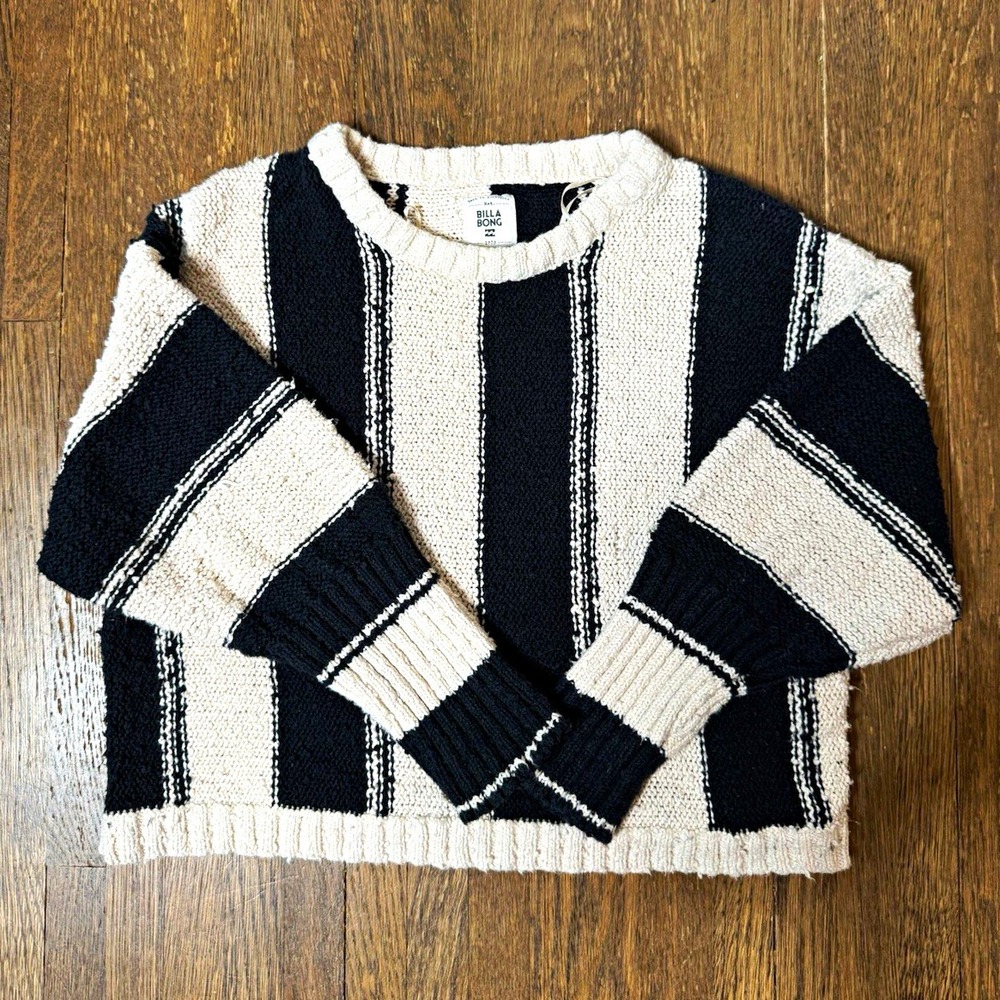 Billabong Women's S Black/Cream Striped Chunky Knit Crewneck Pullover Sweater